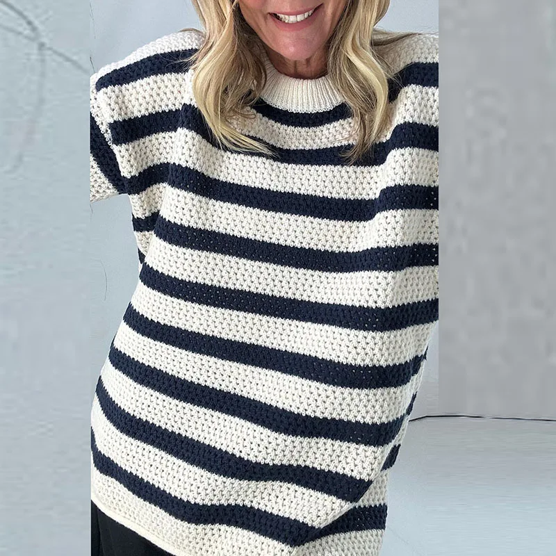 

Повседневные вязаные пуловеры с круглым вырезом и принтом в полоску, осень-зима, новый свободный свитер с длинными рукавами, женские уличные джемперы с вырезами