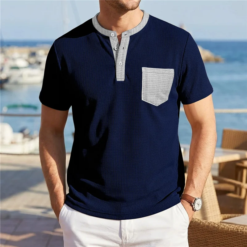 2026 Summer Men's Henry Collar Short Sleeve Tshirt Business Casual Patchwork Pull On Tees Tops Male Breathable Beach T Shirt