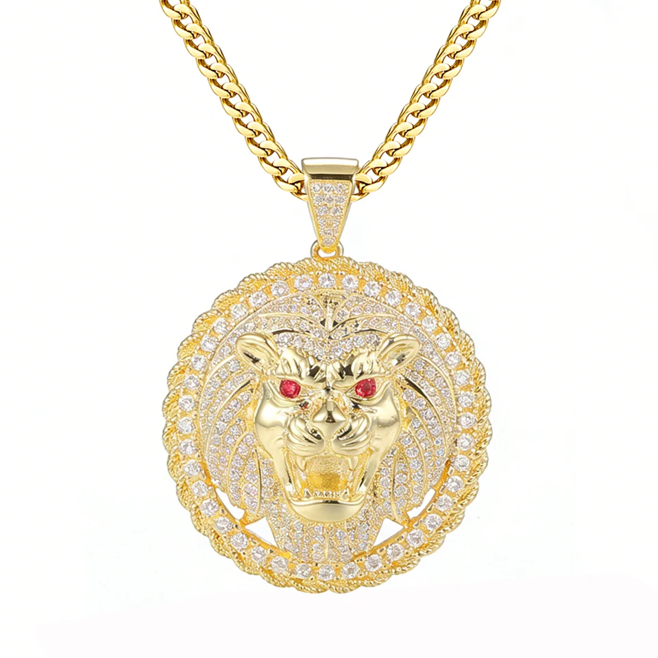 

VANAXIN Iced Out Lion Head Pendant Necklace Round Animal King Vintage 14k Gold Color Hiphop Chain for Men Red CZ Eye Jewelry