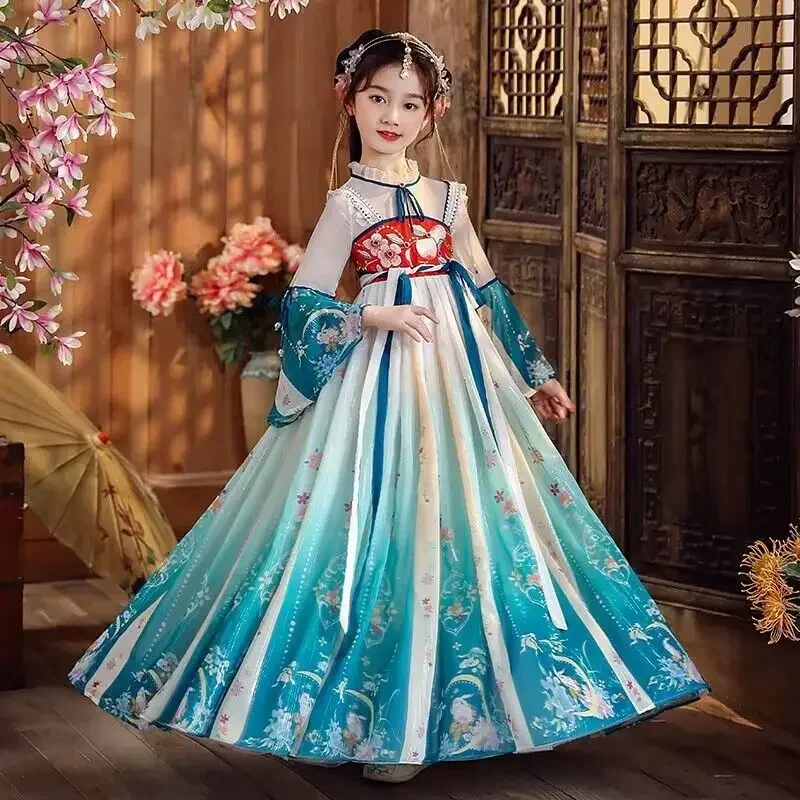 Chinese Hanfu Dress Girls Children`s Carnival Halloween Cosplay Costume Birthday Party Hanfu Gradient Blue Dress For Girls 3-13Y