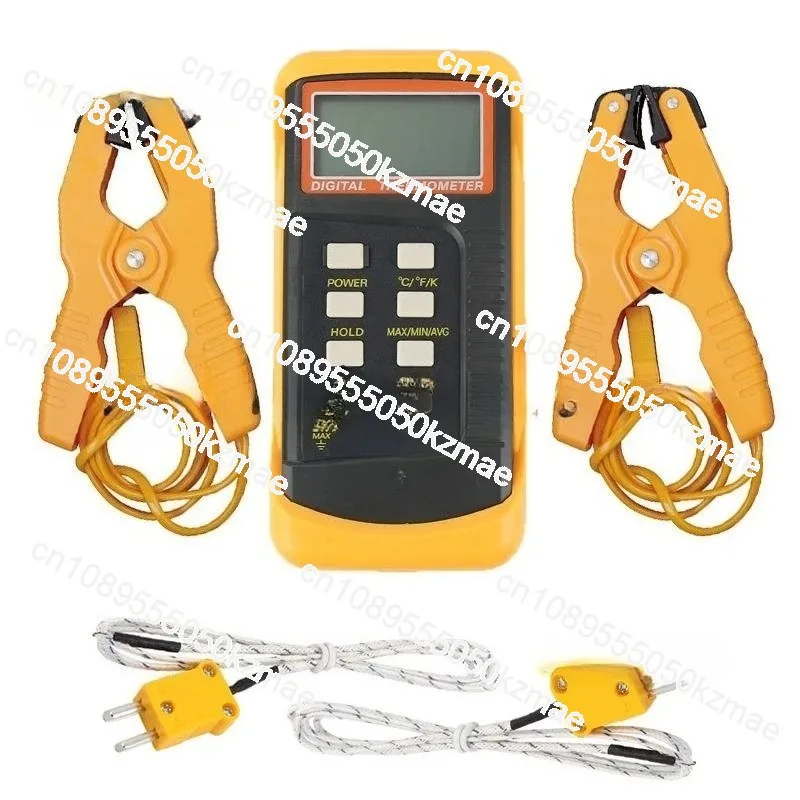 Includes 2 thermometer pipe clamps and 2 sensor probes, digital K-type thermocouple thermometer (-50~ 1300 ° C) dual channel