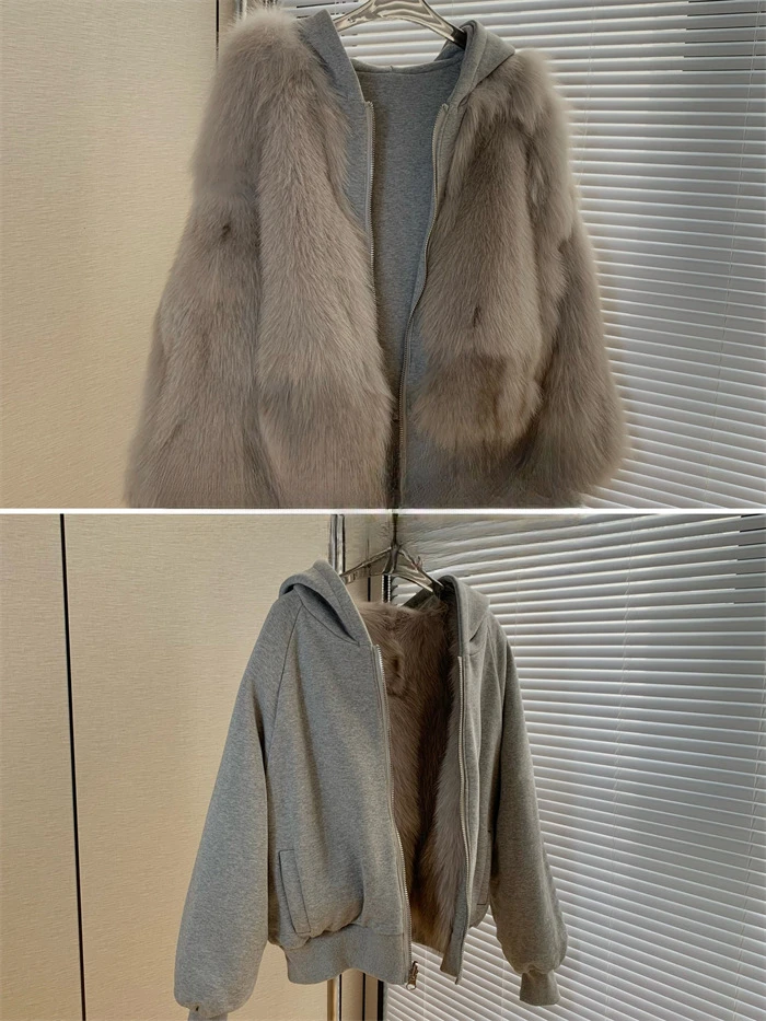 New Hooded Two-sided Fox Fur Hoodie Short Fur Coat Lady