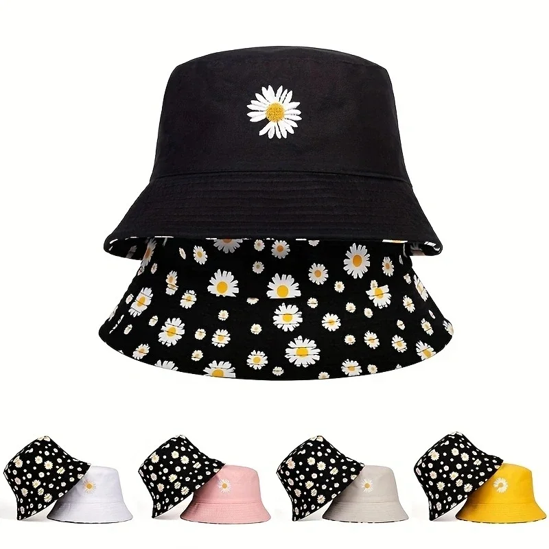 Daisy Embroidery Bucket Hats for Women Men Double-Sided Hip Hop Panama Caps Children Summer Fishing Streetwear Bob Fisherman Hat