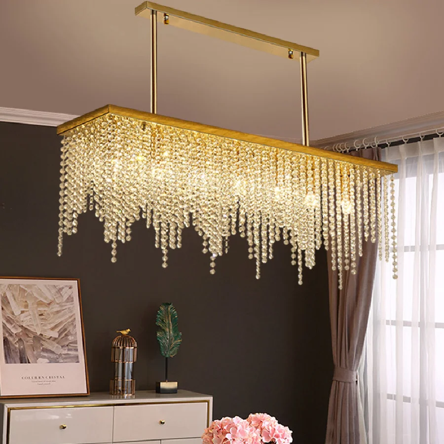 

Modern Lustre Gold Steel E14 Led Pendant Lights Dining Room Rectangle Luxurious K9 Crystal Pendant Lamp Dining Table Droplight