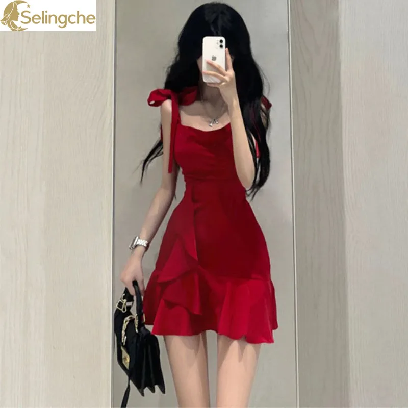 

Red Camisole Dress for Women in Spring and Summer New Design Sense Temperament Waist Reduction Slimming Short Skirt