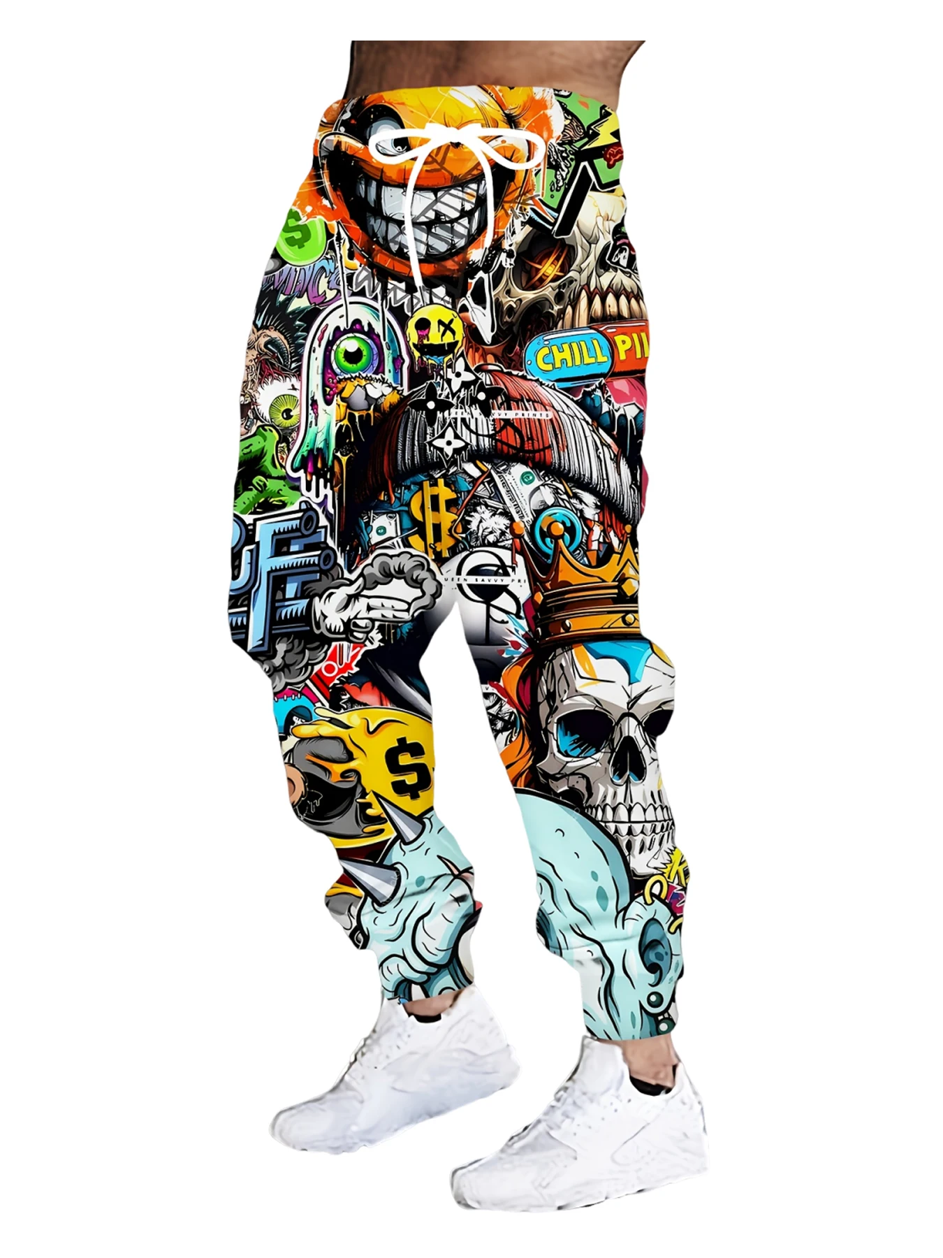 

New Men's 3D Skull Print Casual Pants Outdoor Breathable Pants Stylish Drawstring Streetwear Trousers Mens Cuffed Pants