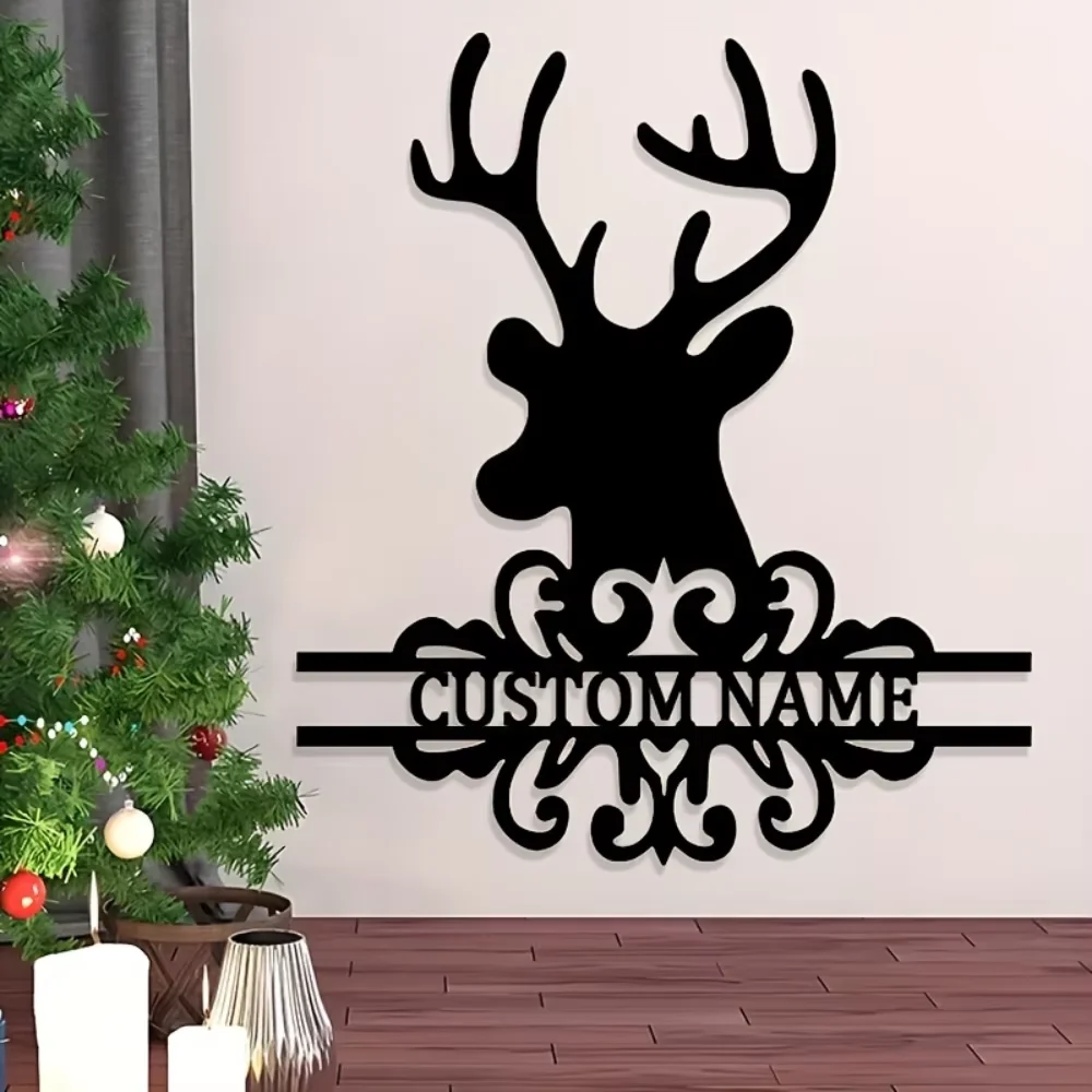 

Stand - out Personalized Christmas Moose Metal Hanging. Art Deco, Durable Matte. Cute Cartoon Appeal.