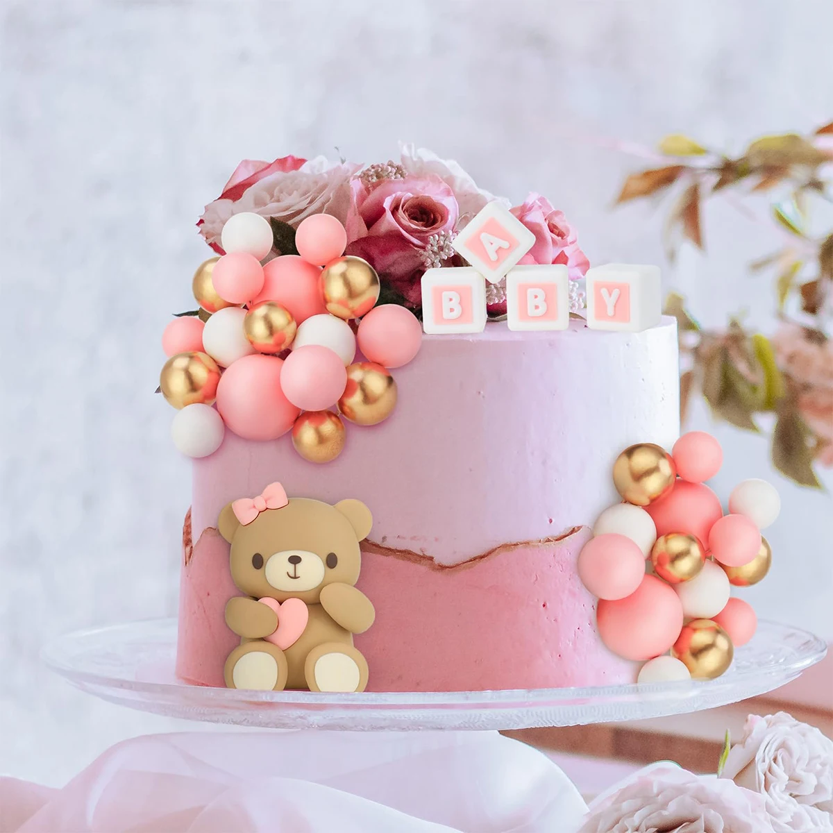 Rosa Bären-Kuchendekoration, Bären-Babyparty-Kuchenaufsatz, Bären-Zug-Kuchendekoration, Babyparty-Geburtstagskuchendekoration – Detail 4