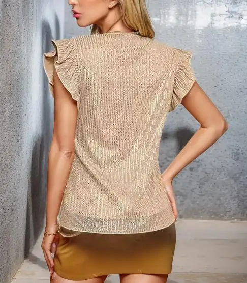 

Summer 2025 Fashion V-Neck Ruffle Sleeve Sequin Decoration Short Sleeved T-Shirt Women's Personalized Luxury Slim Fit T-Shirt