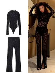 HH Womens Lace Pants Sets Slim Jumpsuits Top + High Waist Trousers Sexy Lady Floral Lace Translucent Y2k Bodysuit Suits