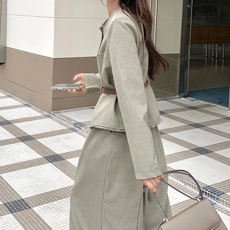 EAEOVNI Women Two Piece Set Fashion O Neck Button Belt Gathered Waist Jacket + Wide Leg Trousers 2025 New Clothing 1A1153