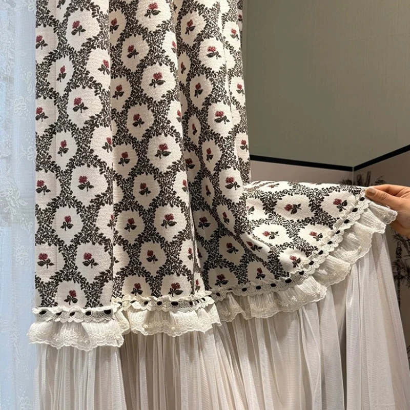 Pastoral Retro Jacquard Chenille Lace Patchwork Skirt Curtains for Living Room Bedroom French Window Customized Finished Product