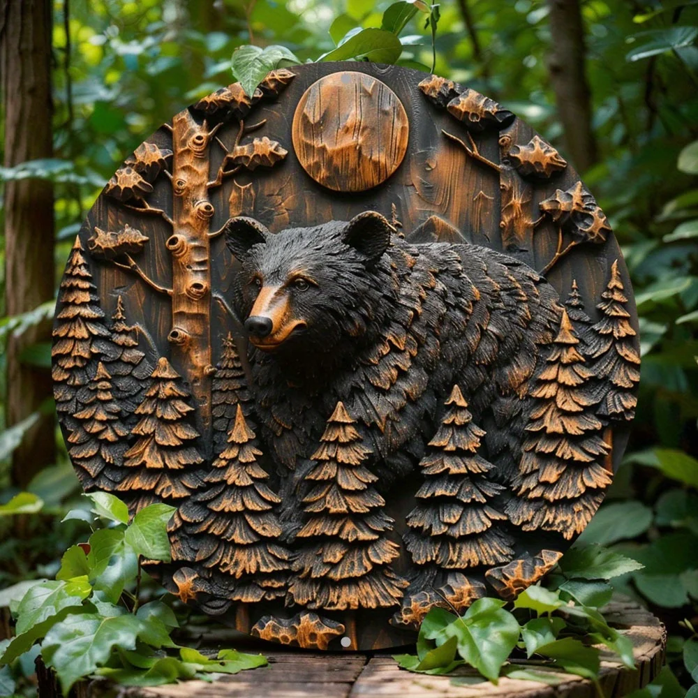 

2D Flat Print, Aluminum Metal Forest Black Bear Sign, for Home, Garage, Cafe, Bar, and Living Room, Great Gift Idea