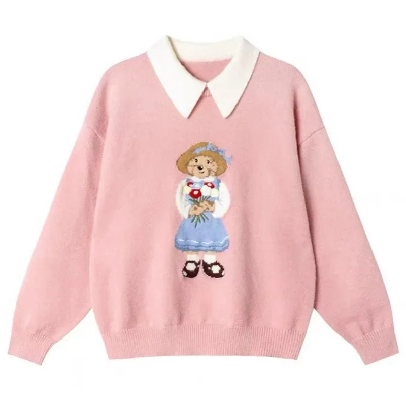 Maglioni con collo a POLO ricamati di alta qualità Coreano dolce orso carino Cartoon maglione pullover inverno moda donna top casual larghi