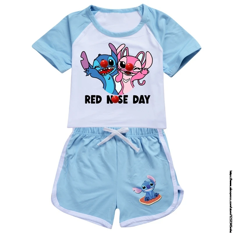 Summer Lilo And Stitch Children\'s Pajamas Short Sleeve Girls Boys Home Clothes Set Pajama Sleepwear Robe Clothing Mother Kids