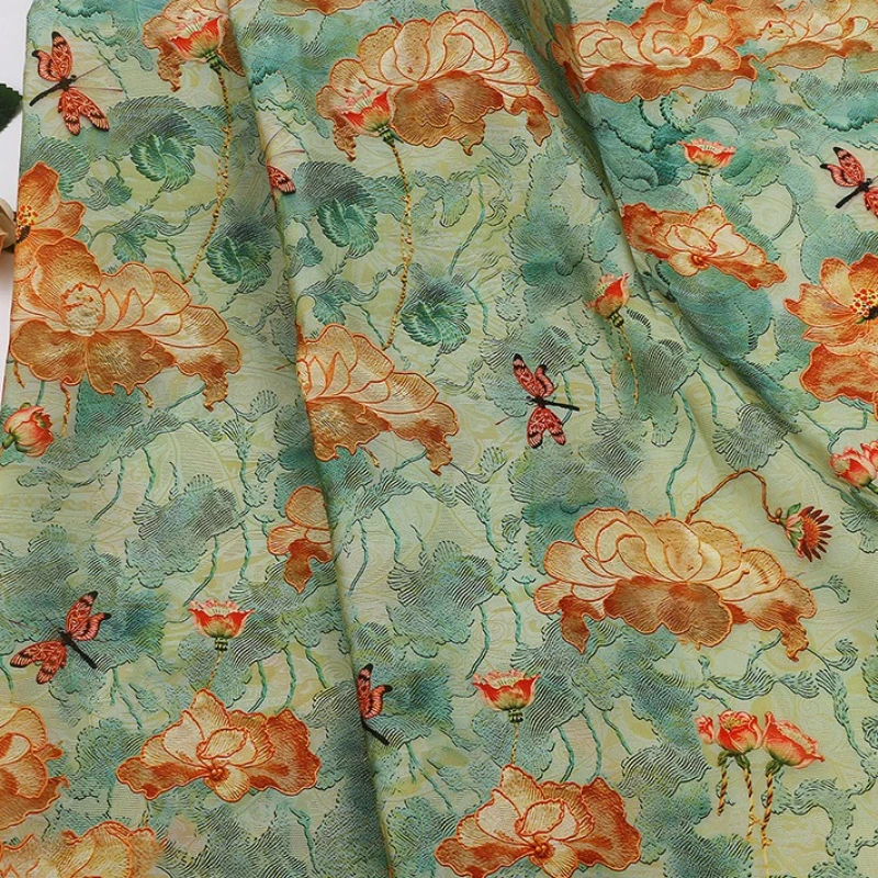 

Тонкая шелковая ткань с цветочным принтом лотоса, женское платье Cheongsam в китайском стиле, весенне-летнее платье, модная ткань для одежды