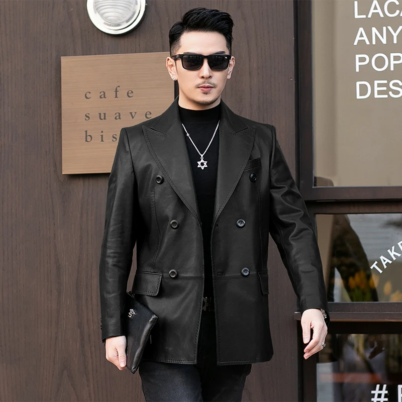 Spring New Genuine Leather Men\'s Suit Jacket Dark Green High Quality Sheepskin Thin Blazer Men Real Leather Business Casual Coat