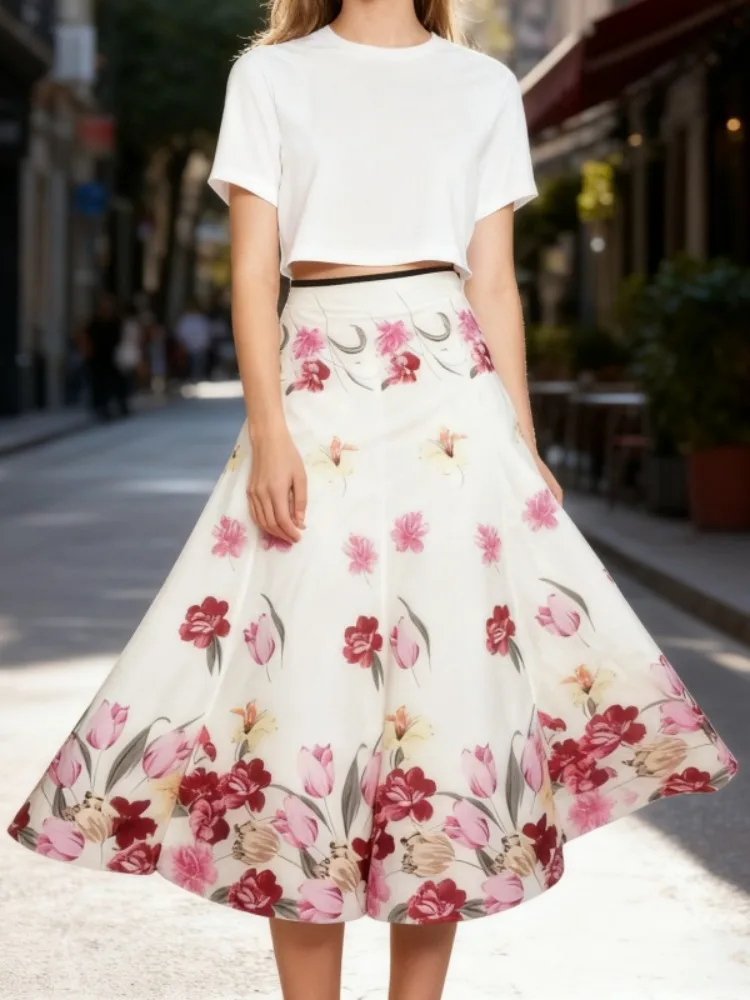 

Uoozee Women's Elegant Party Evening Midi Skirt Elastic High Waist Loose Floral Printed Casual Going Out A-Line Skirts Bottoms