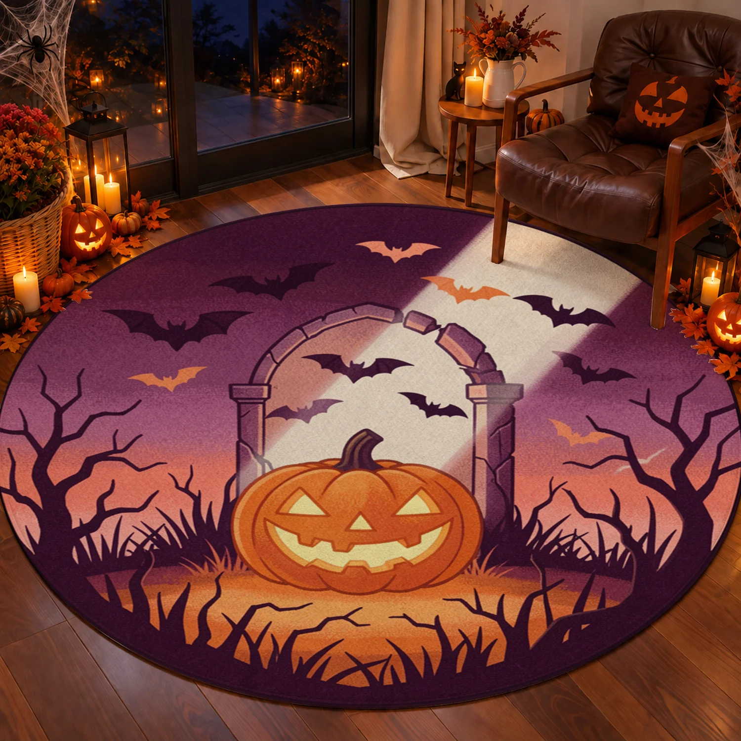 Halloween Pumpkin Bat Design Round Velvet Rug Velvet Material Machine Washable for Living Room Bedroom Entryway Balcony Halloween Thanksgiving Black Friday Cyber Monday Christmas New Year