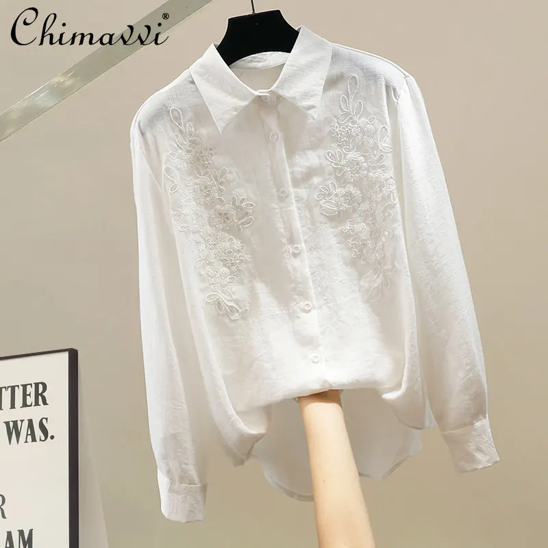 

Korean Style Summer New Fashion Heavy Beaded Embroidered Turn-down Collar Shirt Ladies' Long Sleeve Loose Fit Cotton Linen Top