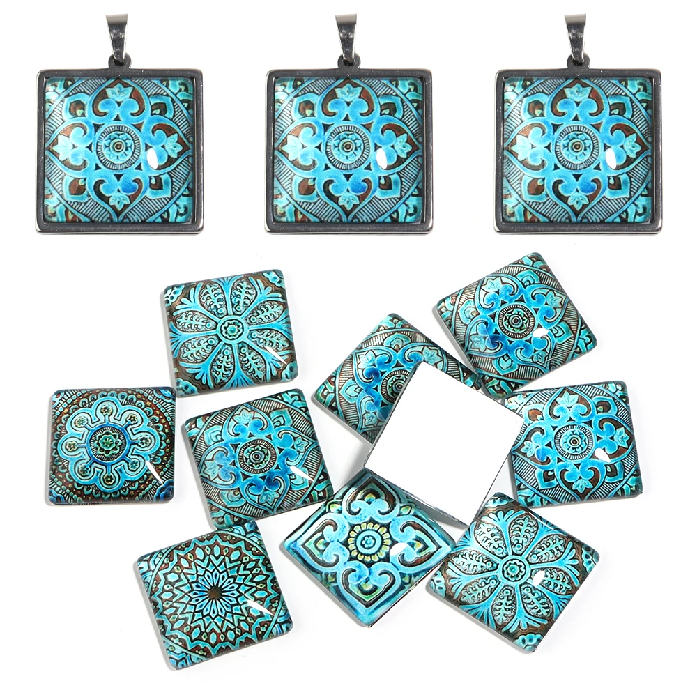 

10 шт. винтажных квадратных стеклянных кабошонов с синим цветочным узором для изготовления ювелирных изделий, подвесок для ожерелья, аксессуаров для рукоделия
