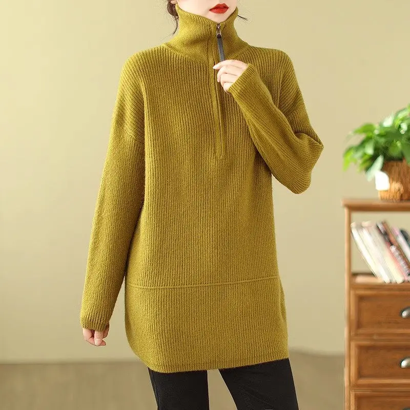 

Mid Length High Neck Zippered Sweater For Women's Autumn Winter Thick 2023 New Loose Lazy Style Pullover Knitted Jacket Z4350