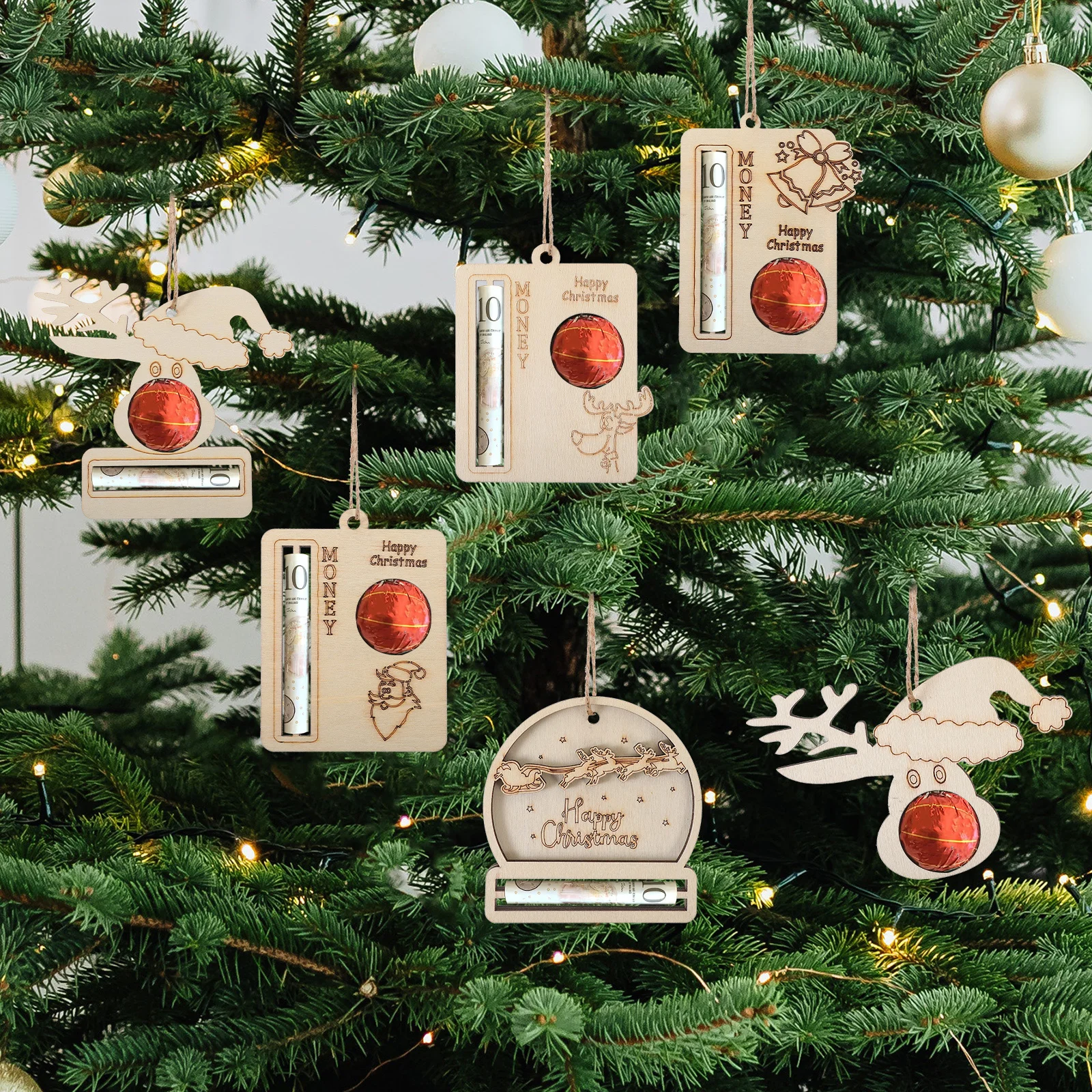 

6Pcs Christmas Wooden Money Holder Ornaments Unique Xmas Cash Gift Hangers Hanging Tree Decorations Christmas Money Gift Hanger