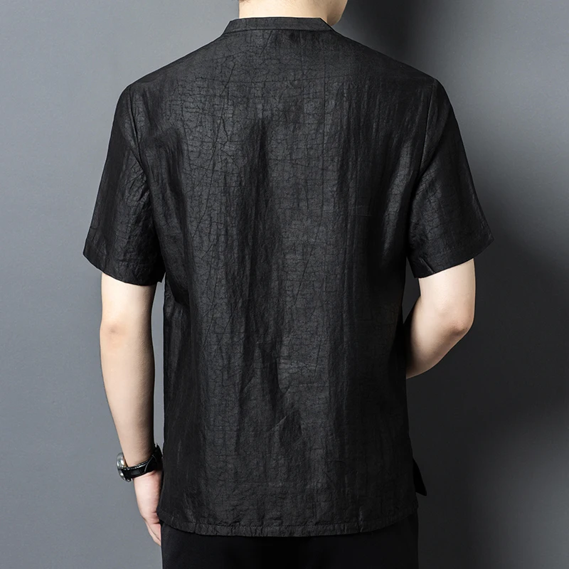 Gambiered Guangdong Silk 100% T Shirt For Men Short Sleeve Satin Summer Top Quality Skin-Friendly Embroidery Camisetas De Hombre