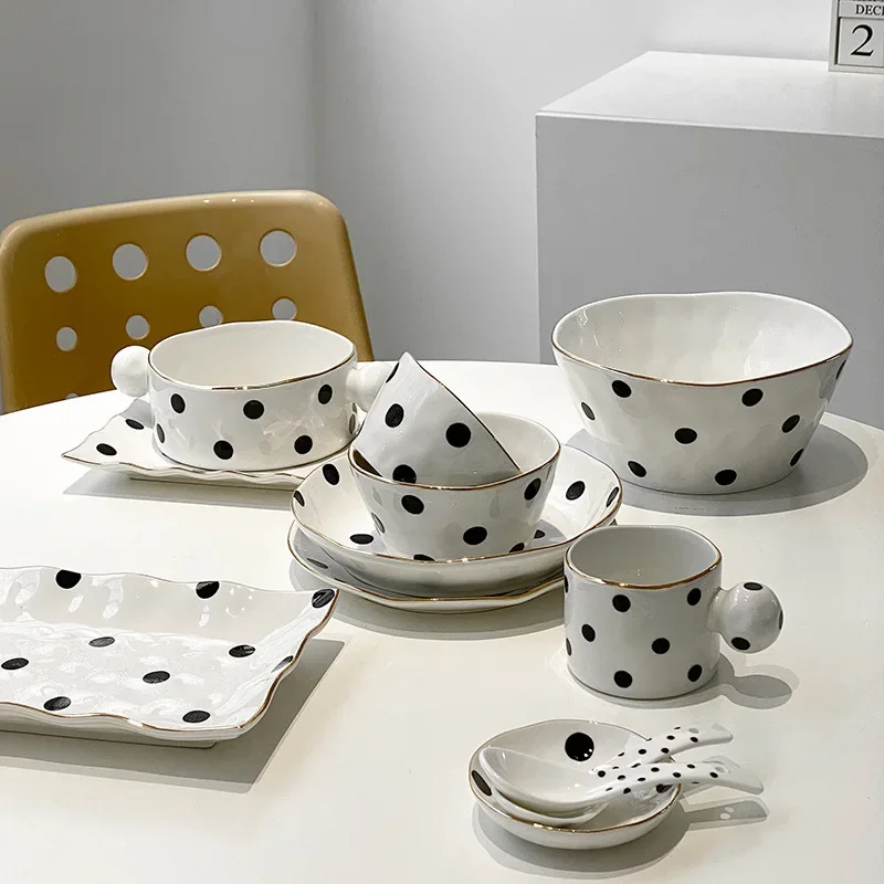 Gold Plated Polka Dot Ceramic Dishes Set Fine Steak Plate Salad Dessert Dishes Dinner Plate Cooking Utensils Kitchen Utensils