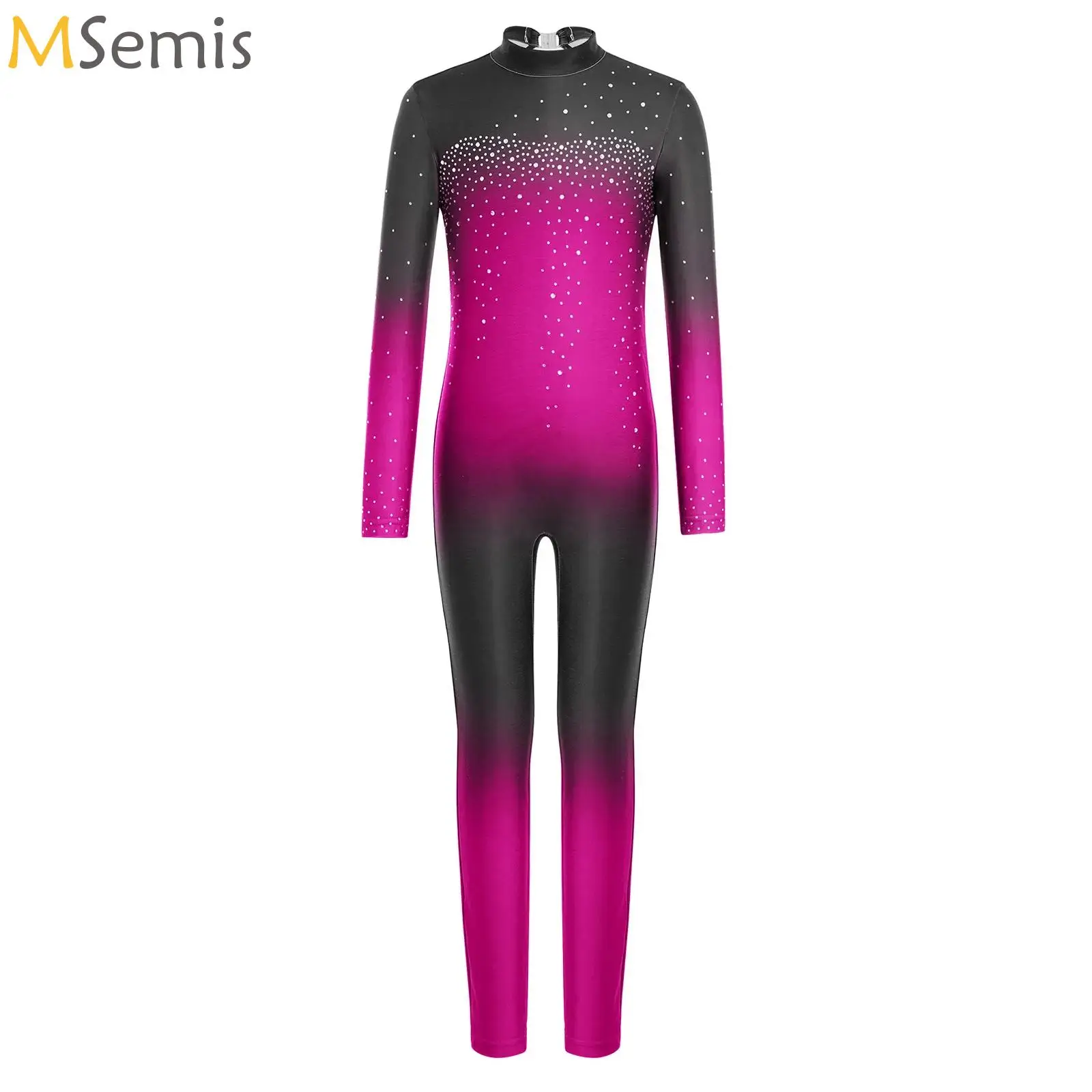 

Gradient Color Jumpsuit for Kids Girls Gymnastic Leotard Shiny Rhinestones Long Sleeve Ballet Dance Figure Skating Unitards