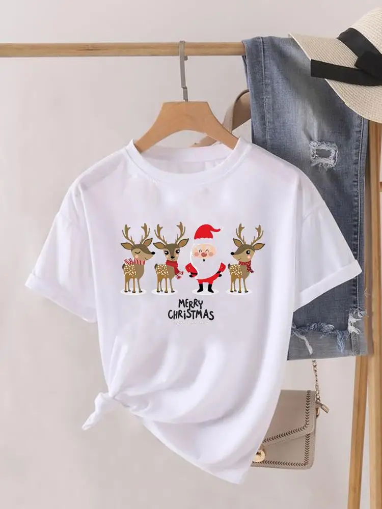 

Christmas Clothing Lady New Year Short Sleeve Print Fashion Deer Love Cartoon Trend Women Shirt Tee Top Clothes Graphic T-shirt