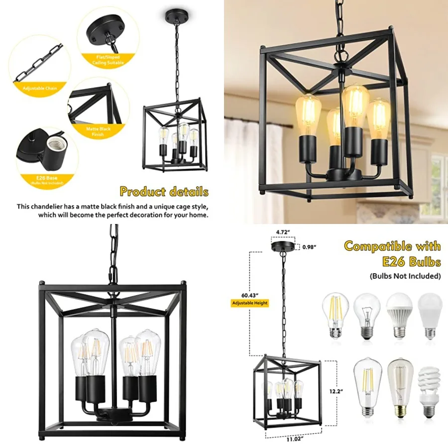 4-Light Black Farmhouse Chandelier, Iron Lantern Pendant Light Rustic Cage Adjustable Height, E26 Base Industrial Hanging Light