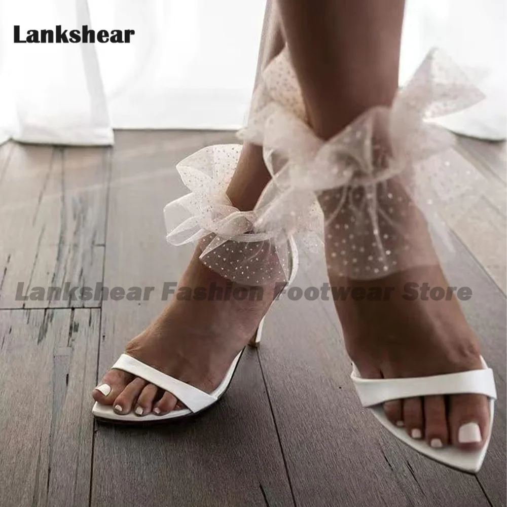 

Air Mesh Lace Decor Sandals Women Cover Heels Ankle Buckle Shallow Stiletto High Heels Elegant Sandals Zapatos Para Mujere