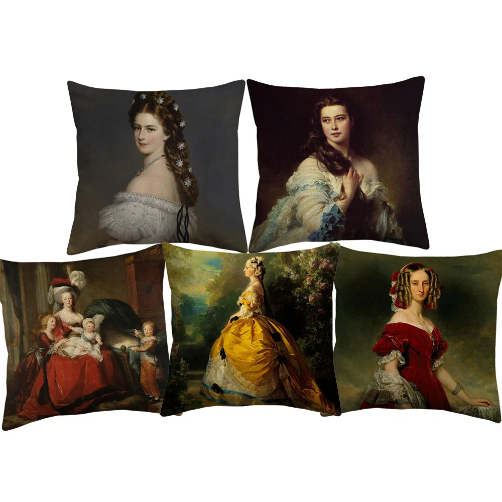 European Royal Court Woman Lady Portrait Painting Cushion Cover Decorative Pillows For Sofa Home Decoration 45X45cm