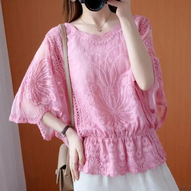 2023 Summer New Loose Fashion Gauze Batwing Sleeve Solid Shirt Female Clothing Casual All-match Embroidery O-Neck Waist Blouse