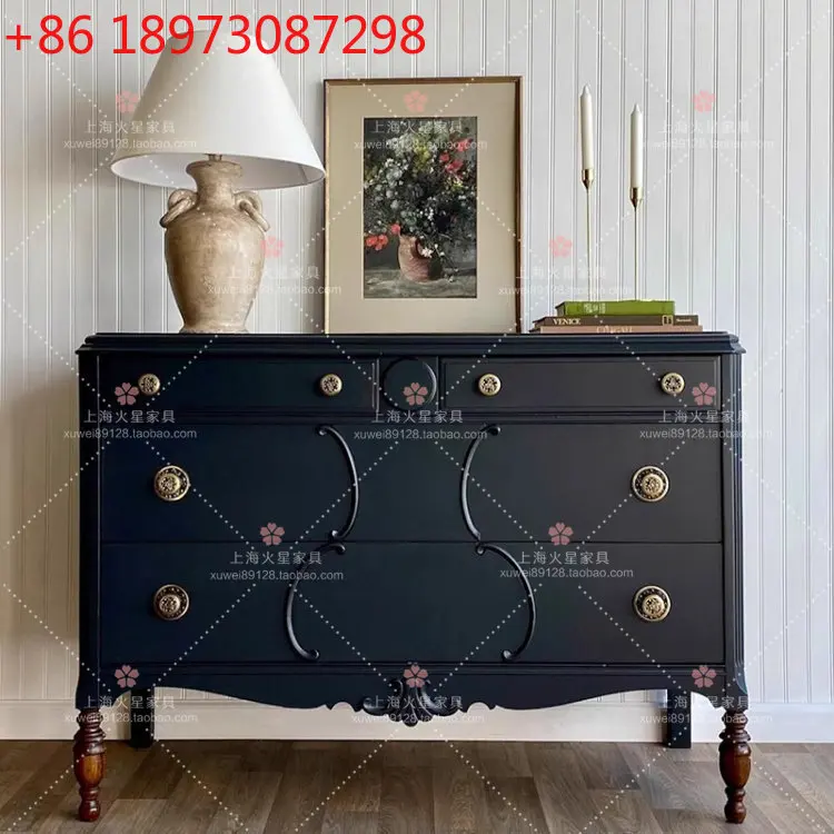 

French vintage solid wood black small apartment living room storage foyer entrance decoration cabinet