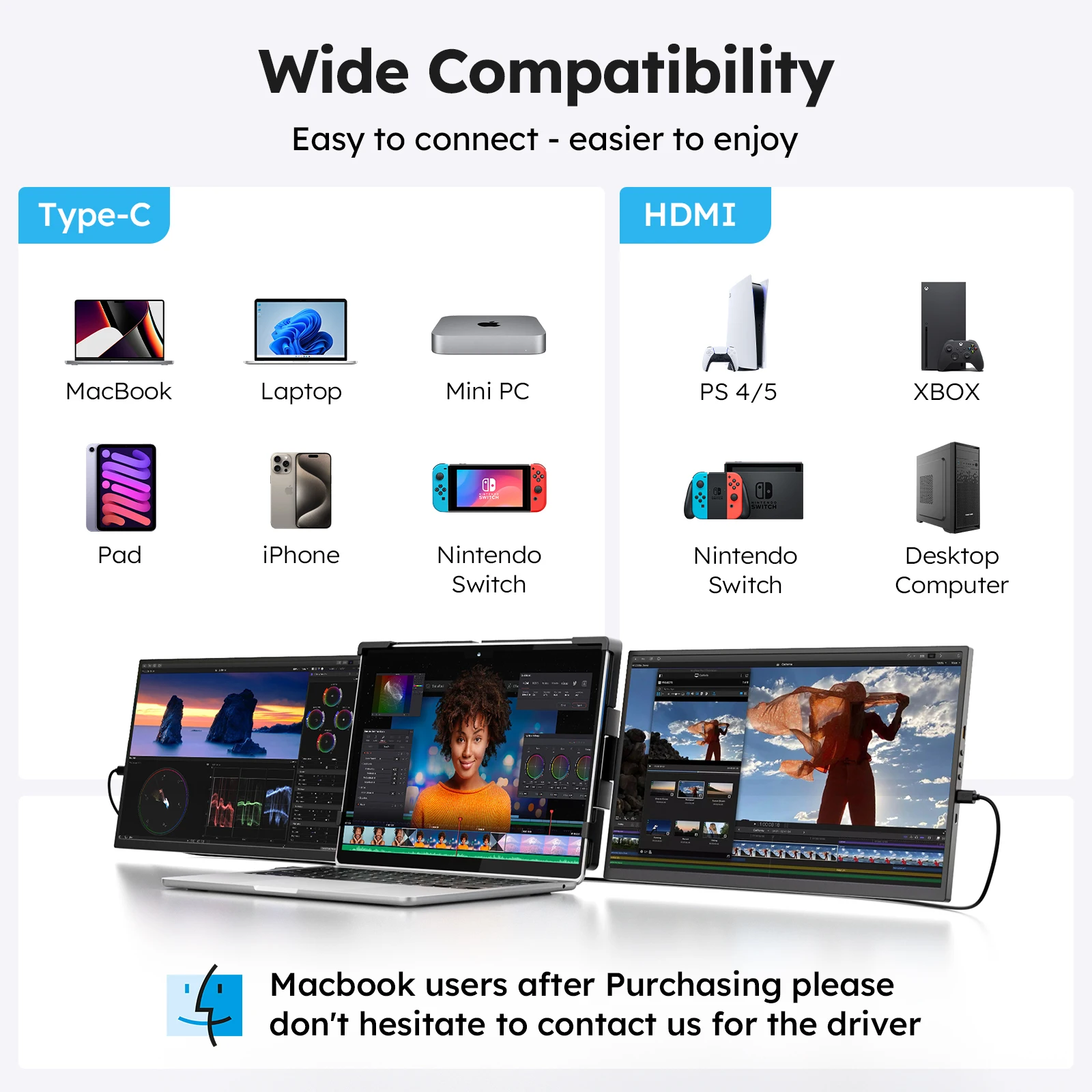 15.6inch Triple Screen Extender For Laptops 1080P FHD IPS Portable Dual External Monitors For Macbook Windows Extension 13-17