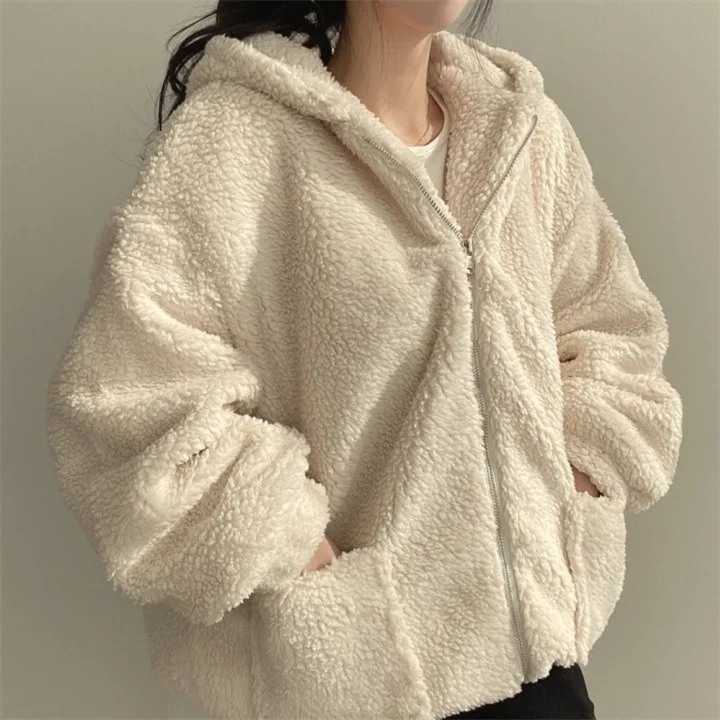 Korean Version Plush Thickened Lamb Wool Cotton Middle length Coat Women\'s Winter Loose Solid Color Zipper Hooded Jacket 2023