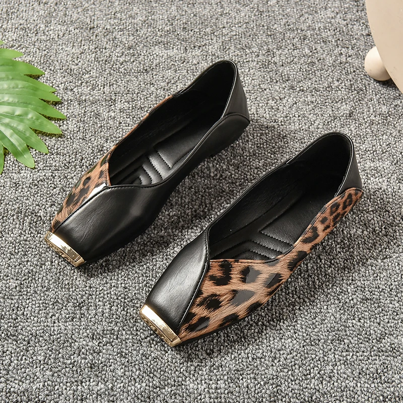 New Shallow Soft Sole Leather Sandals Shoes Women's Flats Square Metal Head Personality Leopard Print Mary Jane Ballet Zapato