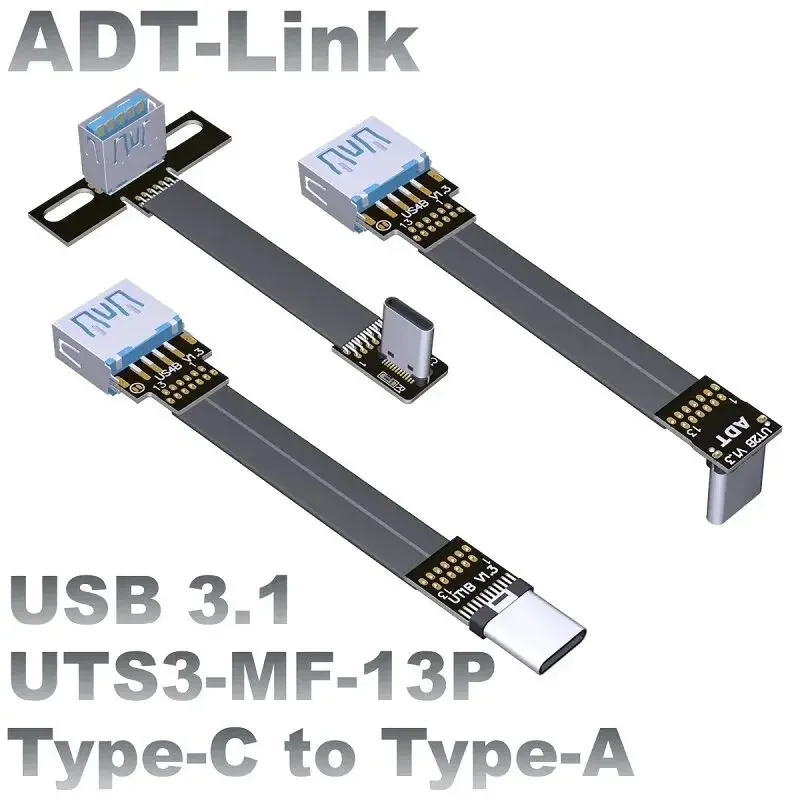 ADT Built-in 3A USB 3.1 Type C Male to USB A Female Double 90 Angled Ribbon Flat FPV FPC Up Down USB 3.1 Fast Charger Data Cable