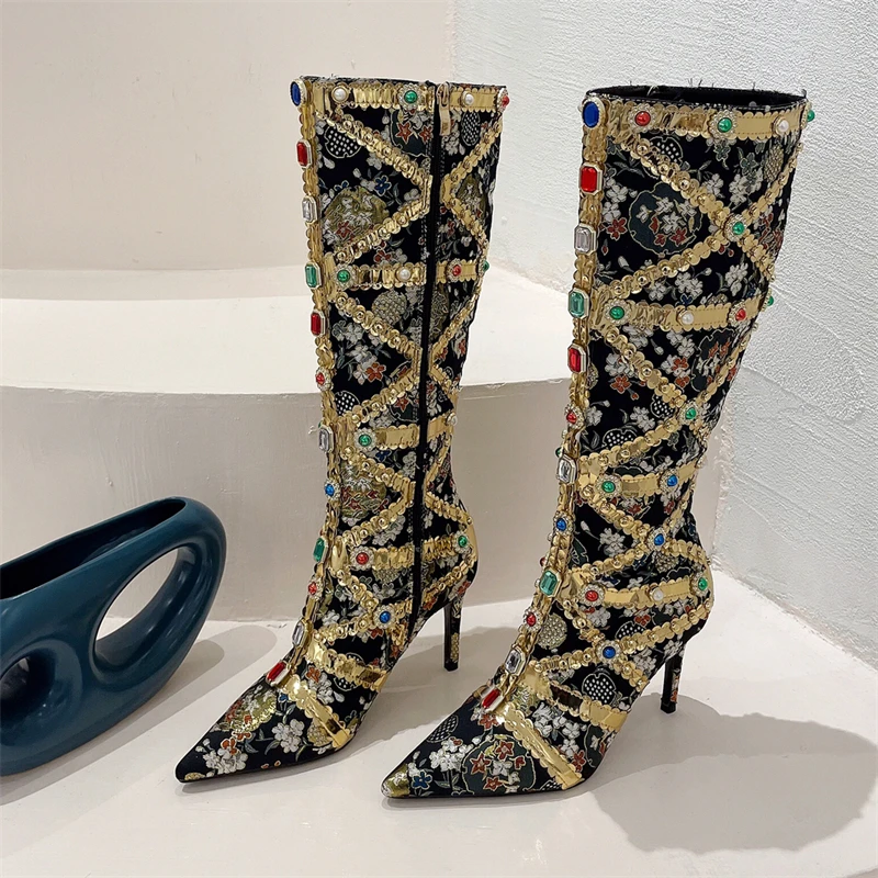 2026New Runway Fashion Color Gem Knee High Boot Women Handwork Embroider Sexy Pointed Toe Zip Party Stripper Heels Shoes Booties