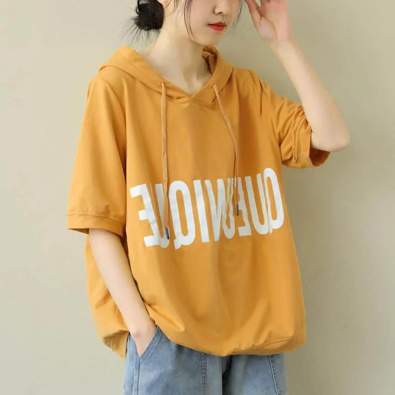 

Literary T-shirts for Women Hooded Printed Tops Oversized Casual Loose Korean Style Half Sleeve Retro Aesthetic Clothes Trend