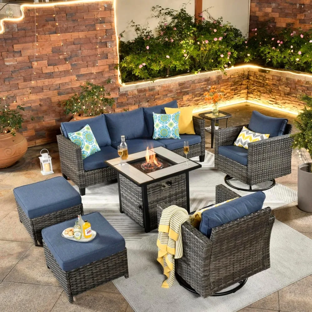 7 Pieces Patio Furniture Set with Square Fire Pit Table, Swivel Rocking Chairs, Outdoor High Back Wicker Sofa, Sofa