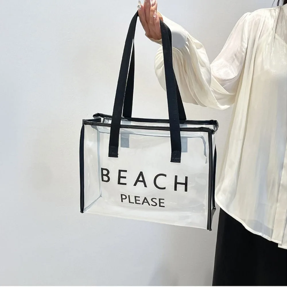 

Portable PVC Transparent Tote Bag Waterproof Zipper Jelly Handbag Cosmetic Bag Reusable Letter Shoulder Bag Outdoor