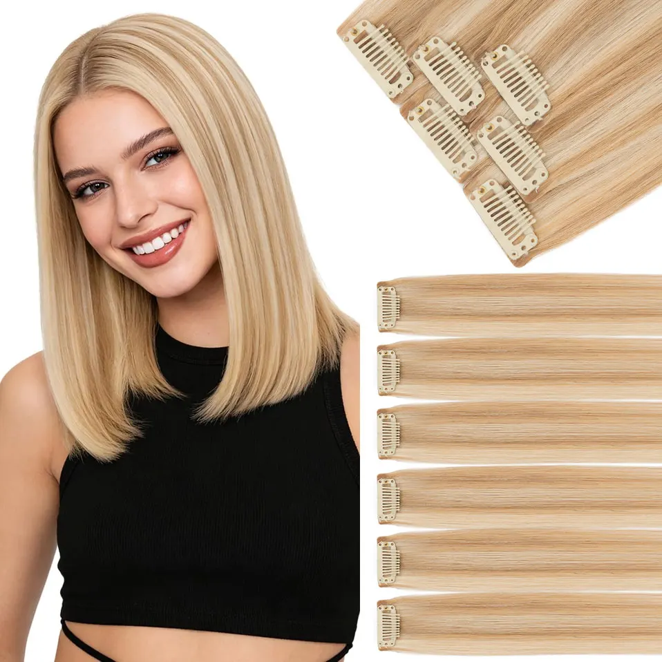 TESS Seamless Clip In Hair Extensions Real Human Hair 6Pcs Straight PU Weft Invisible Edge Highlights Clip Ins Hairpiece