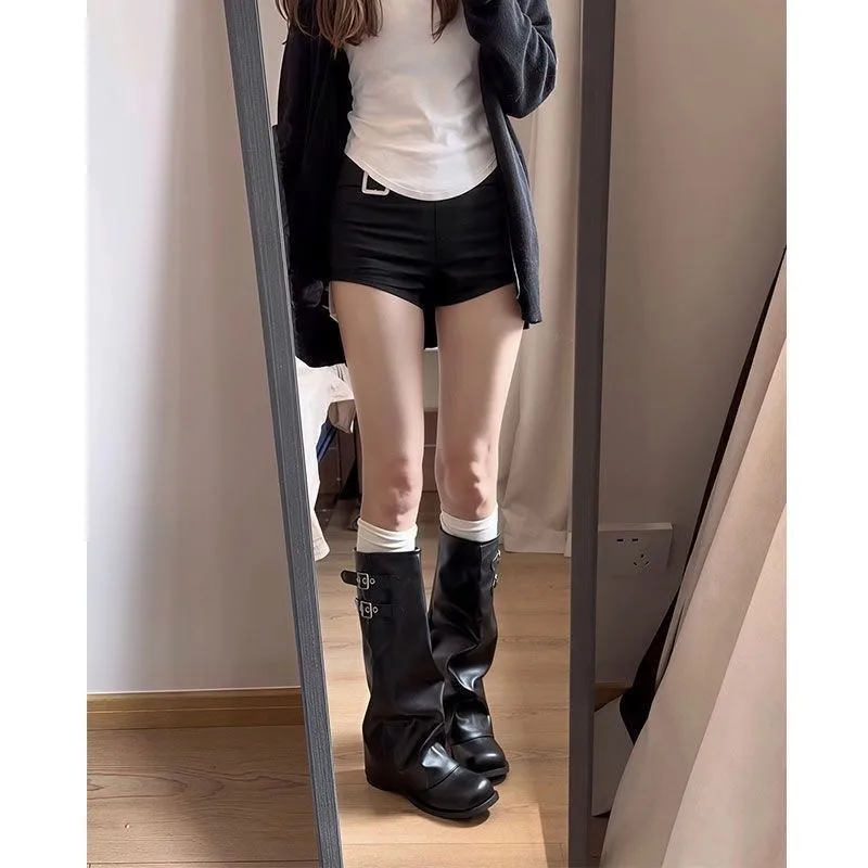 Women Ruched Tall Knee High Boots, Double Buckle Strap Decor Flat SoleRound Toe PU & Suede Look WideShaft Fold Over Ladies Boots