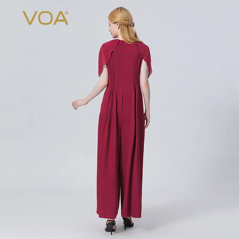 VOA Silk 40m/m Double-sided Georgette Aoxue Fold Stitching Round Neck Back Zip Pocket Wide Leg Jumpsuit Streetwear Women KE561