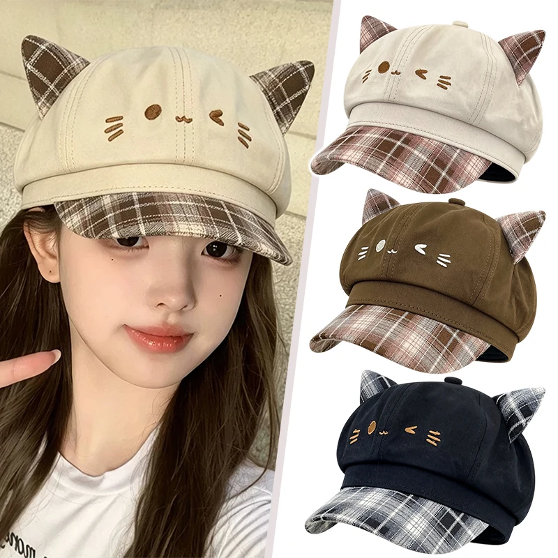 Women's Cute Cat Ear Octagonal Newsboy Caps Fall and Winter Spliced Plaid Cat Face Embroidery Octagonal Cap Hats