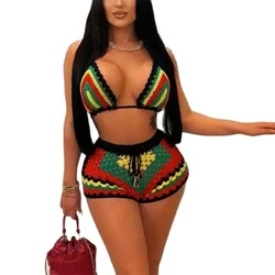 Women Sexy Lace-up Bikini Vacation Beach 2 Piece Sets 2024 Summer Color Contrast Woven Female Suits Hollow Out Drawstring Shorts