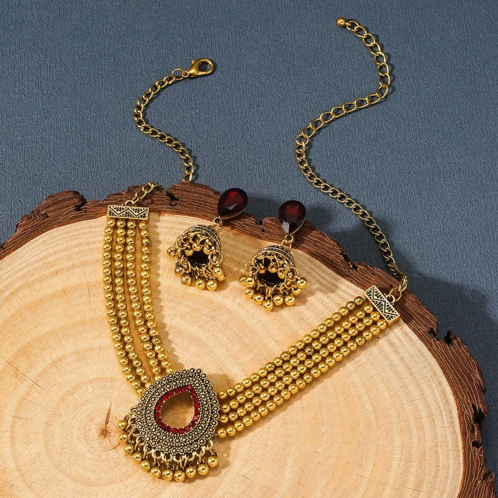 

Fashion Luxury Retro Jewelry Set Tassel Charm Rhinestone Necklace Earrings Pendant Vintage Choker Necklace Set Wedding